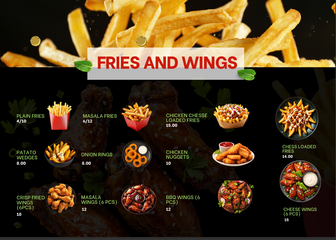 Fries and Wings Menu